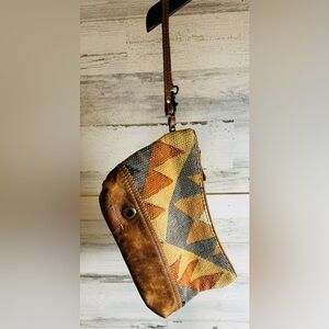 Myra Bag Boho Geometric Canvas Leather Wristlet Clutch Pouch